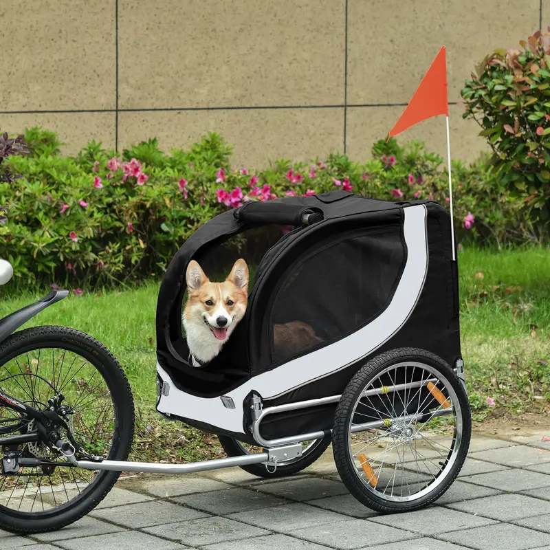 Pawhut Black-And-White Foldable Bike Trailer For Pets – Lightweight Bicycle-Mounted Travel Cart 1