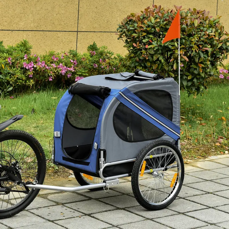 Pawhut Blue-And-Grey Steel-Frame Dog Bike Trailer – Foldable Bicycle Cart With Hitch Coupler 1