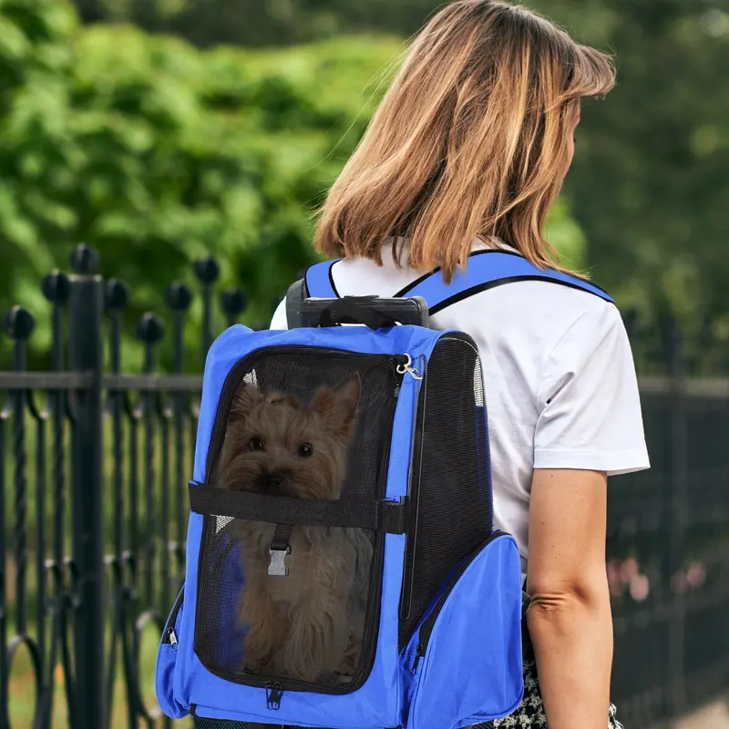 Pawhut Blue Pet Travel Backpack With Telescopic Handle & Wheels – Convertible Stroller And Luggage Bag 1