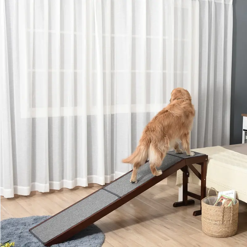 Pawhut Brown-And-Grey Foldable Dog Ramp With Non-Slip Carpeted Platform For Vehicle Access 1