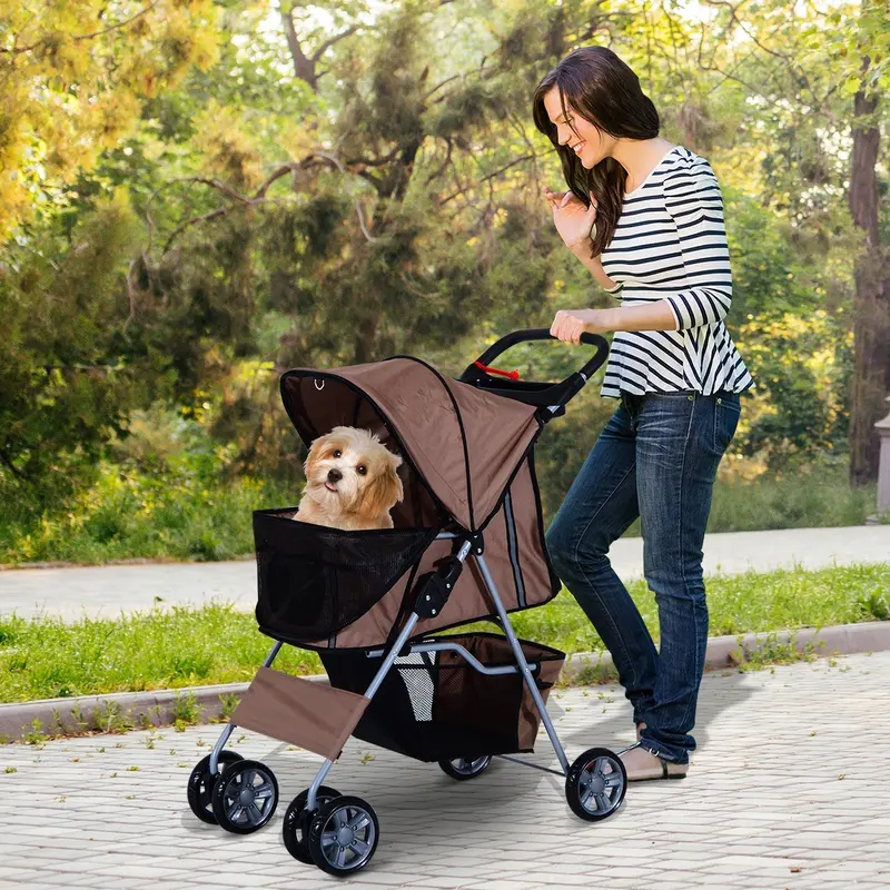 Pawhut Brown-And-Silver Foldable Dog Stroller – Oxford Cloth Pushchair With Zippered Entry & Smooth Roll 1