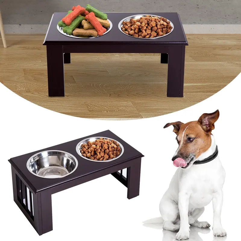 Pawhut Brown Elevated Stainless Steel Pet Feeder Stand – Large Twin Bowl Set For Medium Dogs 1