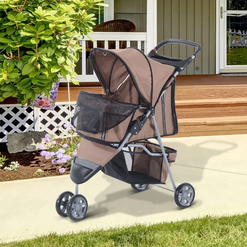 Pawhut Coffee-Tone Three-Wheel Pet Stroller For Miniature Dogs And Cats – Compact Travel Pushchair 1