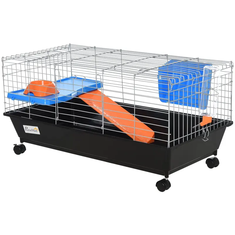 Pawhut Compact Small Animal Cage – Multi-Functional Habitat For Rabbits, Guinea Pigs, Or Chinchillas With Ramp, Feeder, And Water Bottle (89 X 44 X 43 Cm, Black) 1