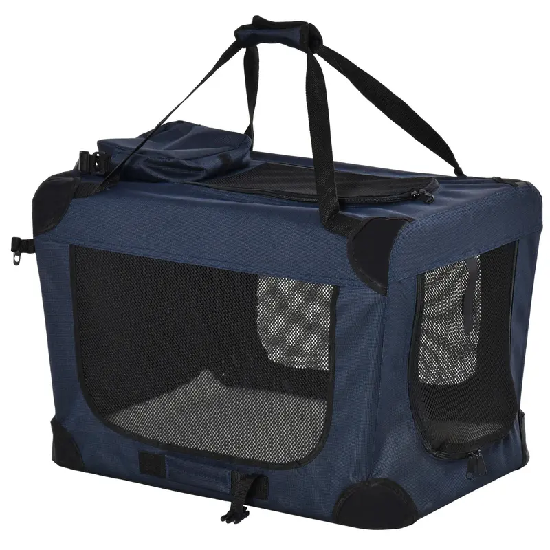 Pawhut Dark Blue Soft-Fold Pet Carrier With Cushion & Storage Pockets – Portable Crate For Puppies And Kittens 1