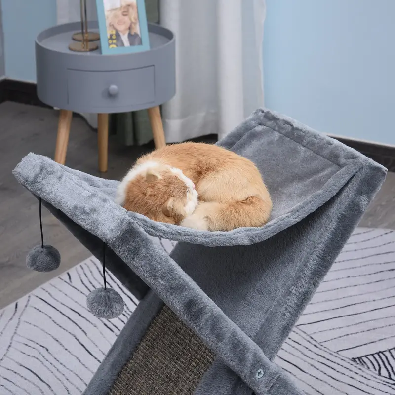 Pawhut Foldable 2-Tier Cat Tower With Hammock, Pom-Poms, Scratching Post & Grey Upholstery 1