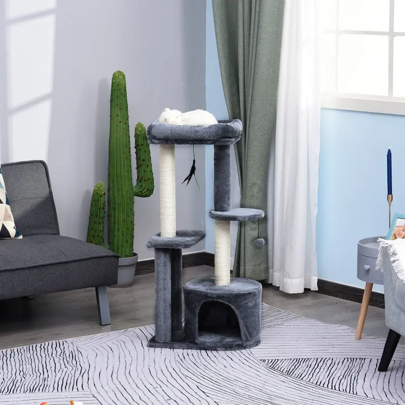 Pawhut Grey-And-White Cat Tree Featuring House, Perch, Scratching Post & Play Ball 1