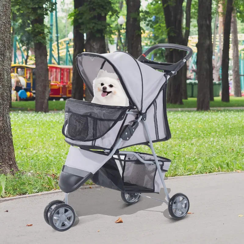 Pawhut Grey Three-Wheel Pet Travel Stroller For Small Dogs And Cats – Lightweight Pushchair With Trolley Design 1