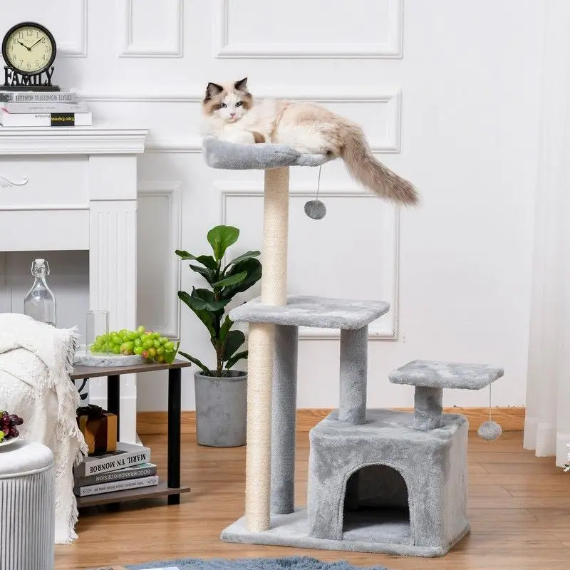 Pawhut Light Grey 114Cm Indoor Cat Tree – Sisal Posts, Perches, Hanging Ball & Condo 1