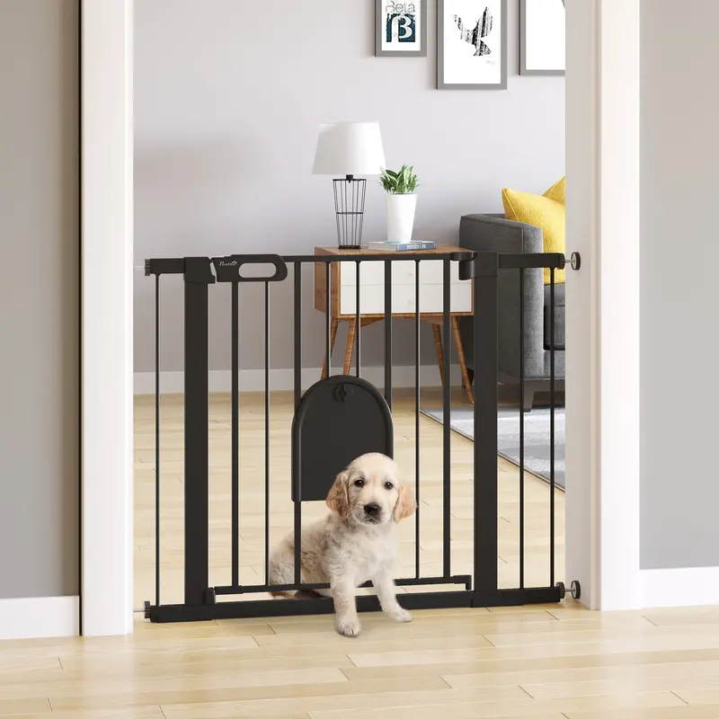 Pawhut Pet Safety Gate With Integrated Cat Flap – Adjustable Indoor Barrier 1