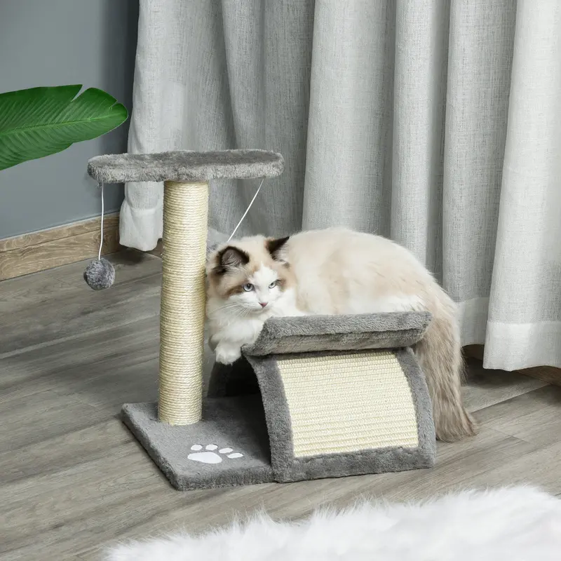 Pawhut Rotating-Top Cat Tree With Tunnel, Dangling Ball, Light Grey Plush & Sisal Posts 1