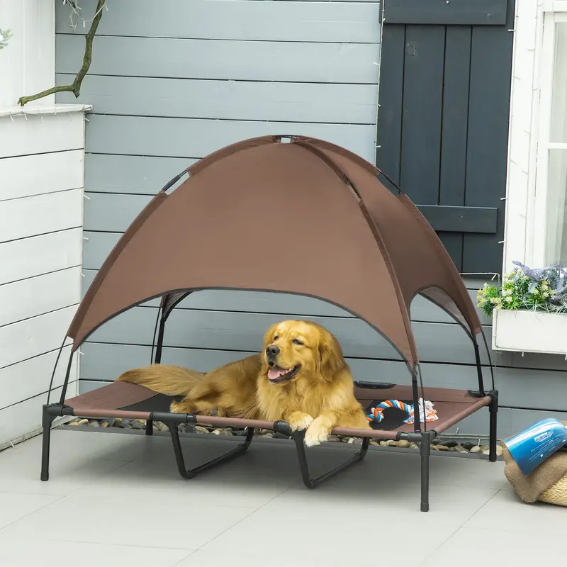 Pawhut Uv-Protective Elevated Dog Cot – Waterproof Coffee-Colored Mesh Cot With Canopy 1