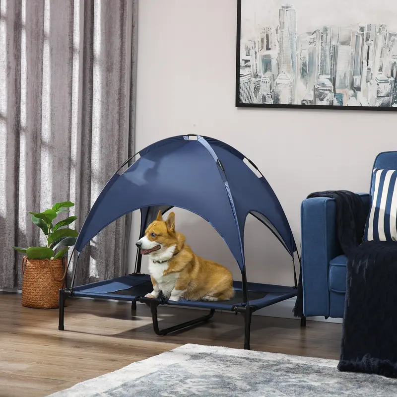 Pawhut Uv-Resistant Elevated Pet Cot – Waterproof Blue Mesh Cot With Sunshade Canopy 1