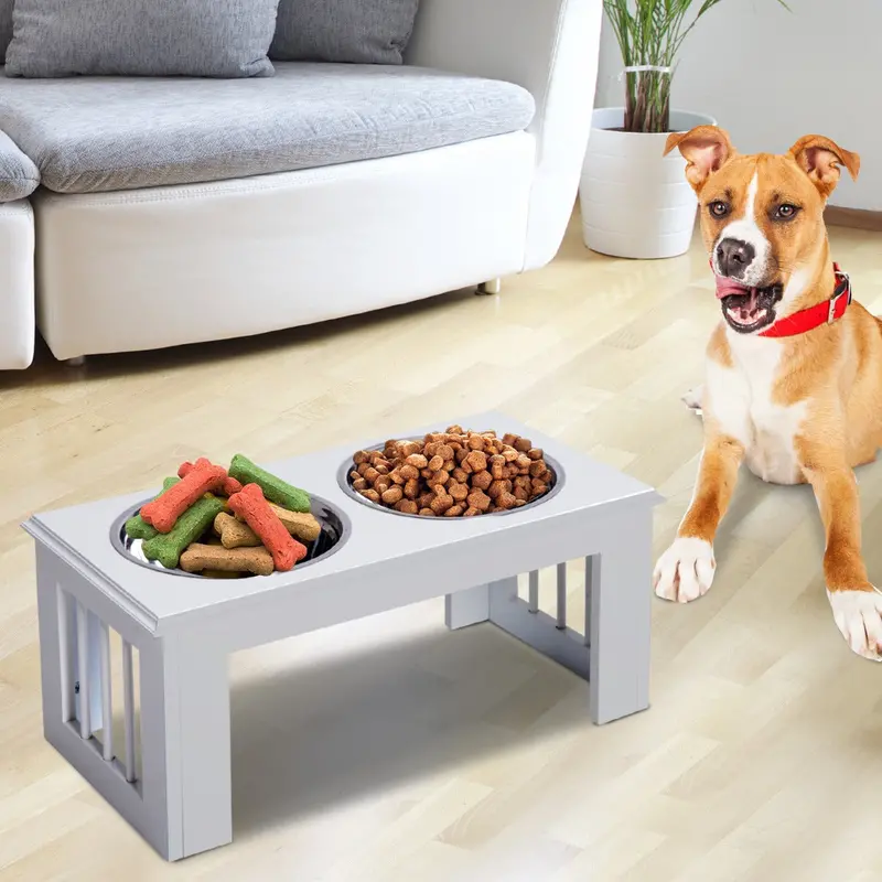 Pawhut White Elevated Stainless Steel Pet Feeding Station – Spacious Twin Bowl Stand For Medium Breeds 1