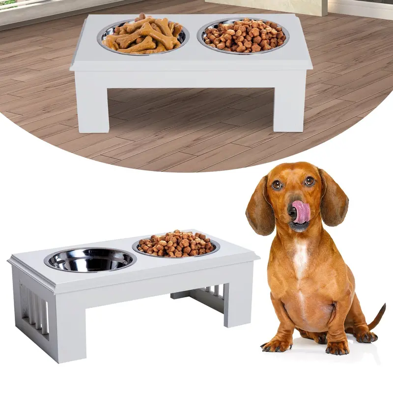 Pawhut White Stainless Steel Elevated Dog Food And Water Bowls – 43.7 Cm Twin Feeder Stand 1