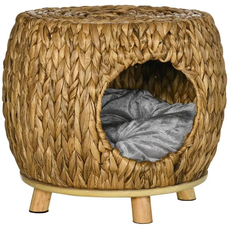 Pawhut Wicker Cat House & Stool – Washable Cushion Included (44X43X41 Cm) 1