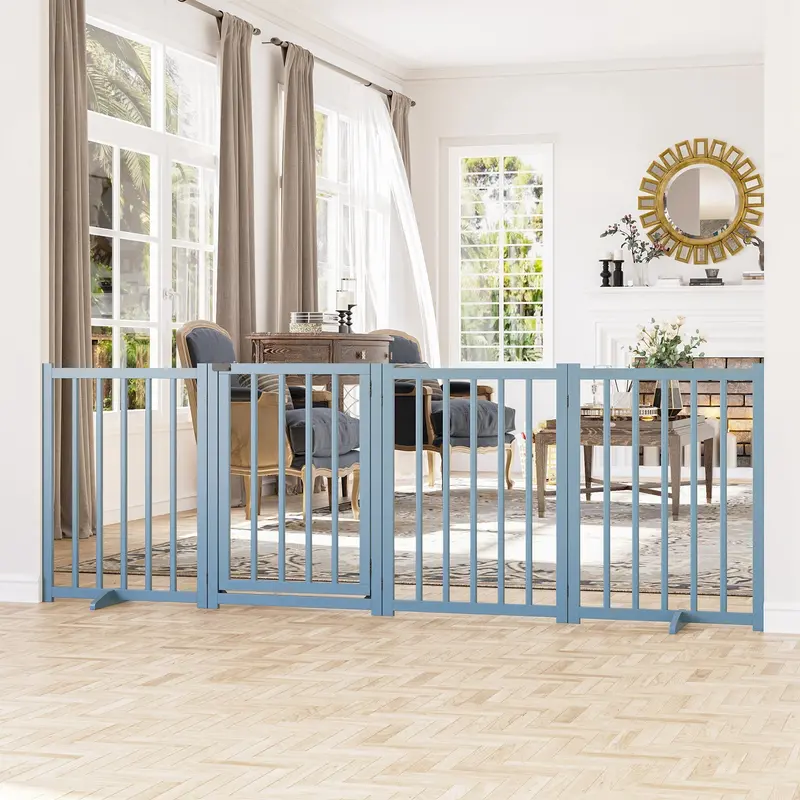 Pawhut Wooden Pet Gate – Foldable Four-Panel Safety Barrier For Small To Medium Dogs (Blue) 1