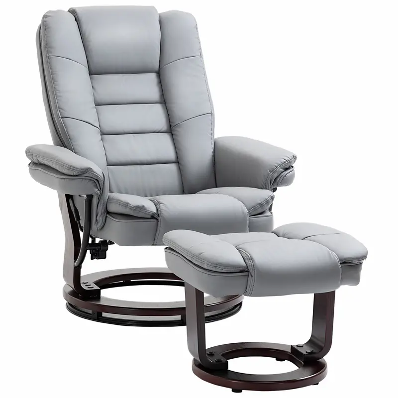 Pu Leather Manual Recliner Lounge Chair With Swivel Wood Base And Matching Footrest 1