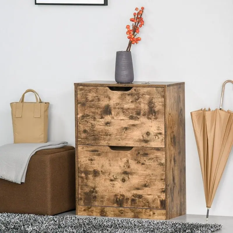 Rustic Brown Industrial Shoe Cupboard – Two-Drawer Unit With Flip Doors And Open Shelving 1