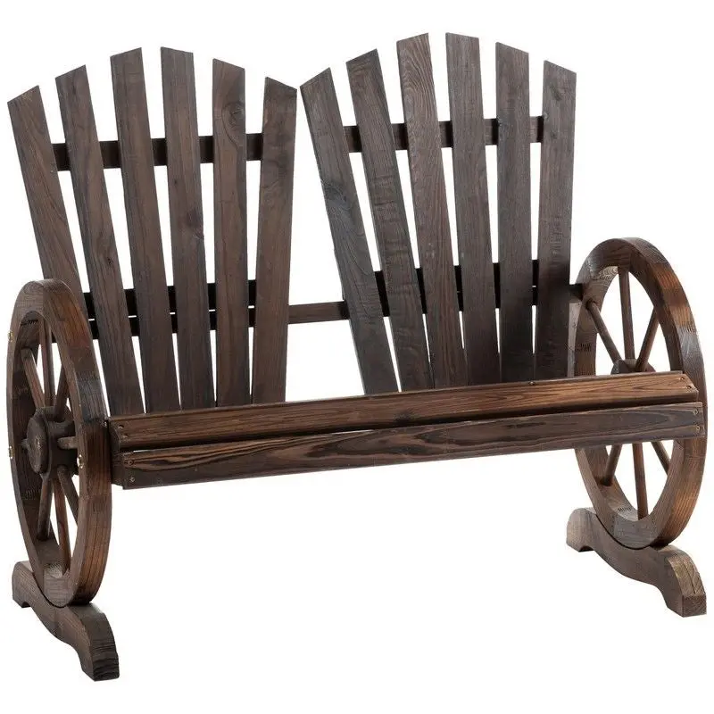 Rustic Fir Wood Love Seat With Decorative Wheel-Shaped Armrests And High-Weight Capacity 1