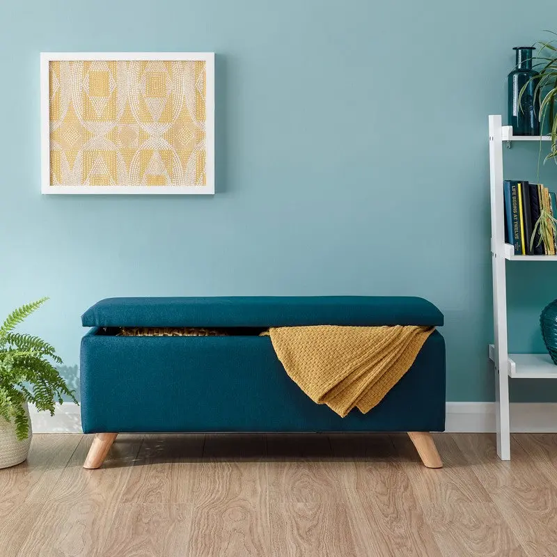 Secreto Blue Fabric & Wood Ottoman – Modern Living Room Footstool 1
