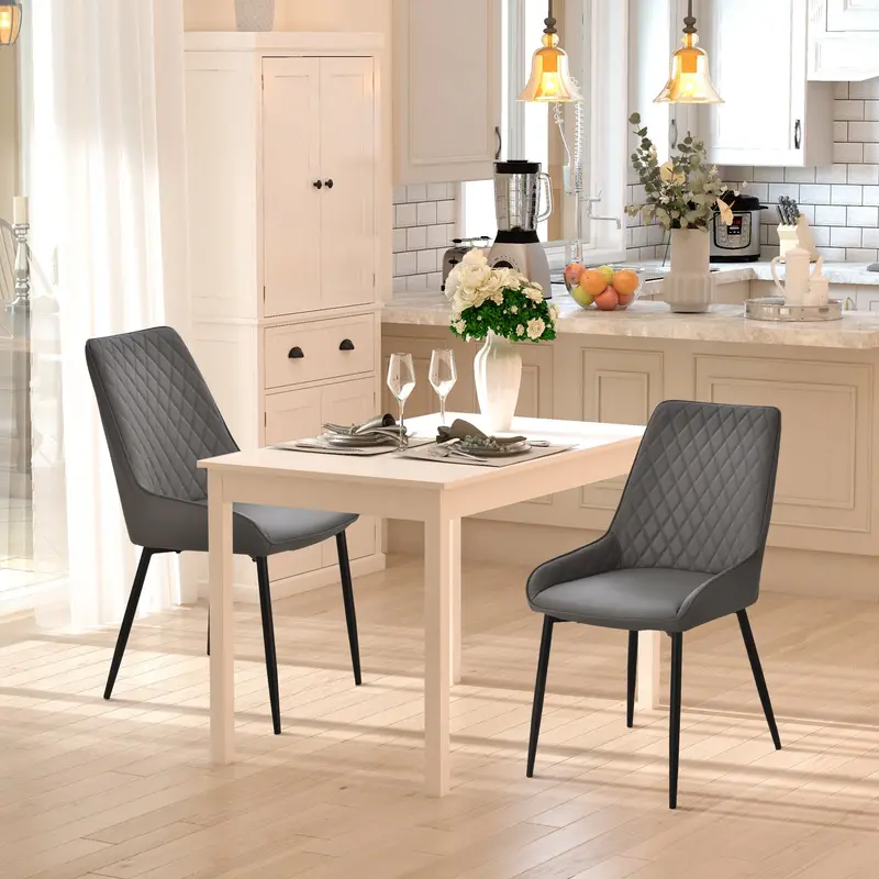 Set Of 2 Modern Quilted Pu Leather Dining Chairs – Grey Executive-Style Seating With Metal Frame 1