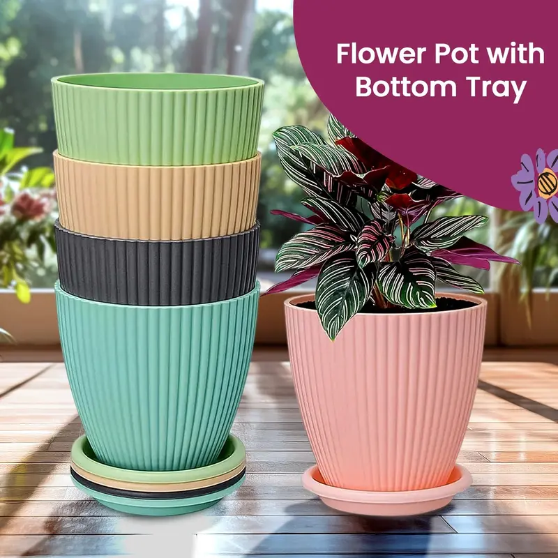 Set Of 5 Multicolor Round Plastic Flower Pots With Drainage Trays For Indoor & Outdoor Use 1