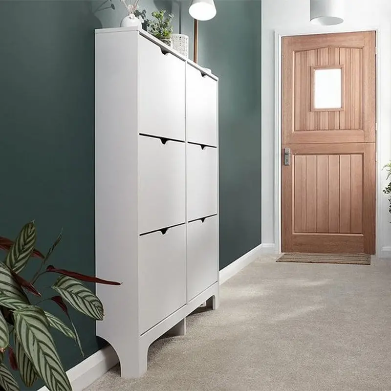 Slim White Shoe Cabinet With 6 Doors And 6 Adjustable Shelves 1