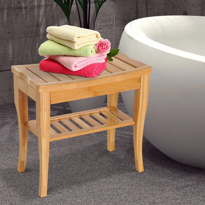 Solid Wood Shower Bench – Natural-Finish Bathroom Seat With Drainage Slats 1