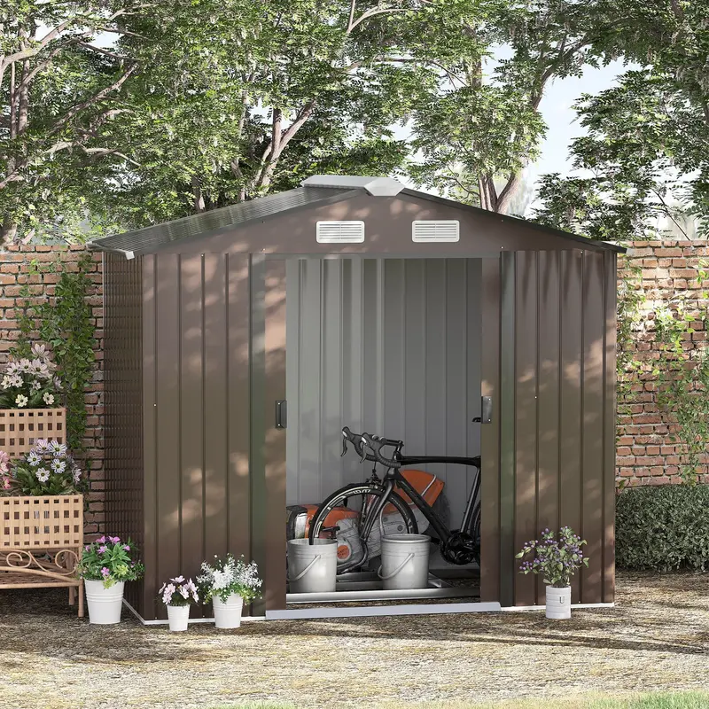 Steadfast Compact Brown Reverse Apex Shed – 7' X 4', Lockable Dual-Door, Galvanized Steel 1