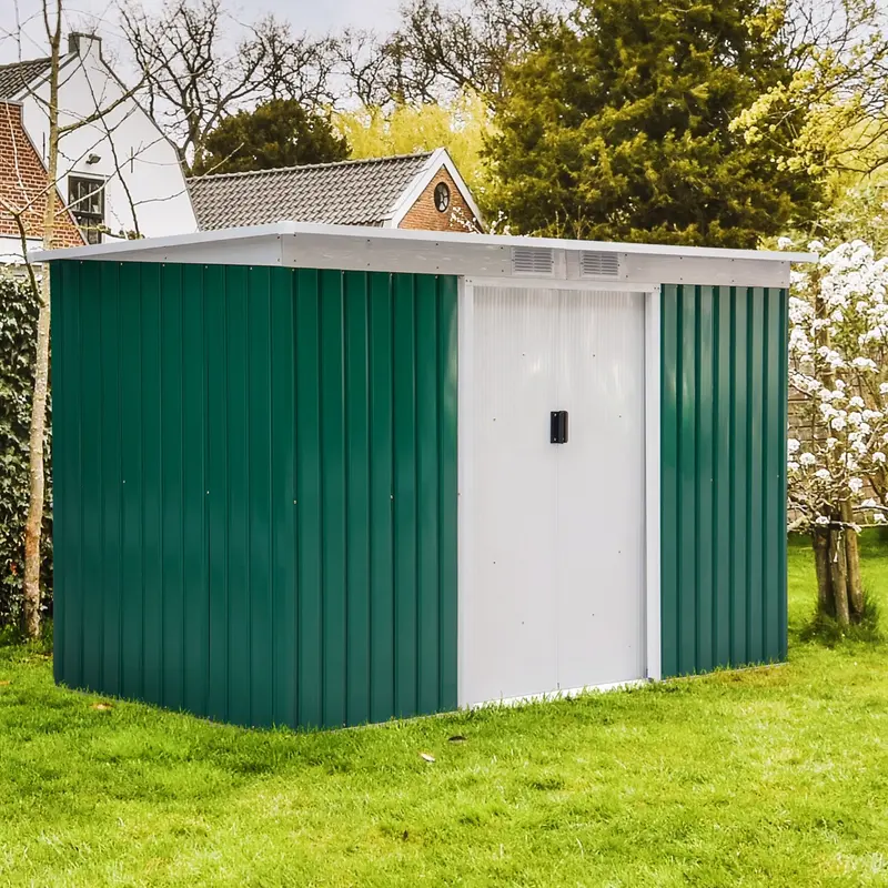Steadfast Corrugated Steel Pent Garden Shed – 9Ft X 4Ft Double-Door With Ventilation In Green 1