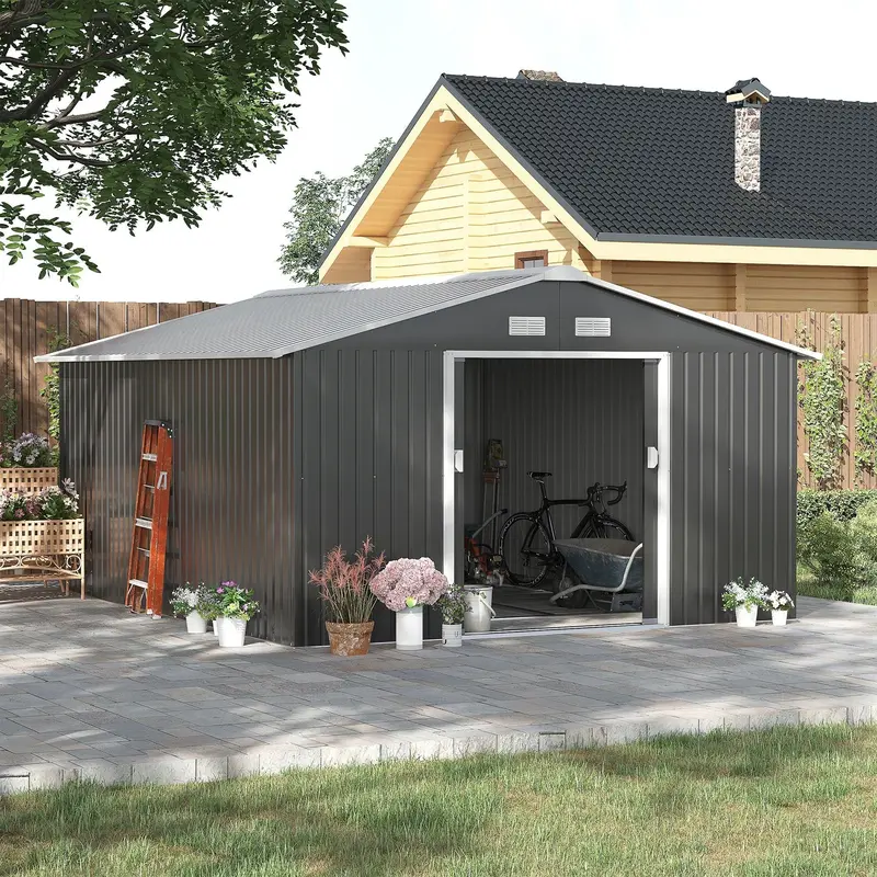 Steadfast Grey Reverse Apex Garden Shed – 13' X 11', Sliding Dual-Door, Ventilated, Galvanized 1