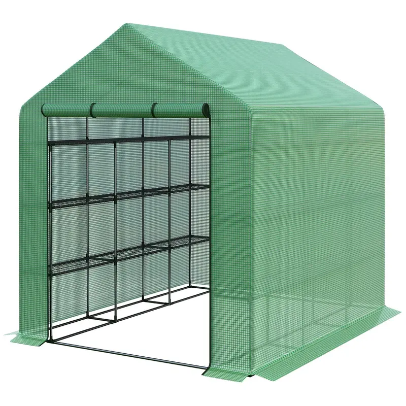 Steeple-Style Walk-In Poly Tunnel Greenhouse With Removable Cover & Shelves – 244 X 180 X 210 Cm, Green 1