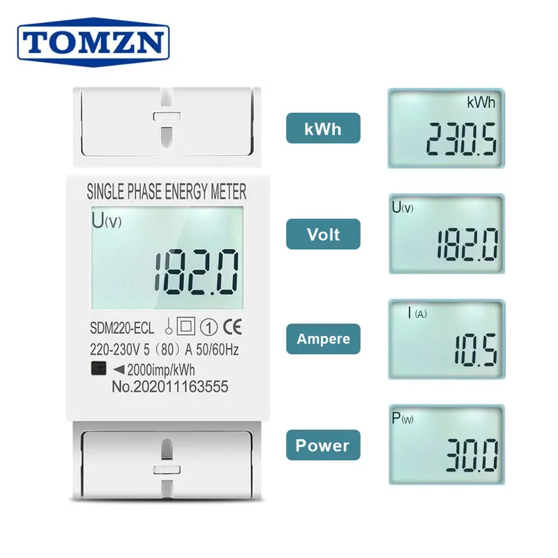 Tomzn Sdm220-Ecl Single-Phase Digital Energy Meter – 2-Pole Din Rail Mounted 1