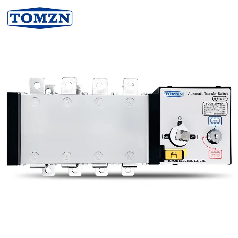 Tomzn Toq5-250/4P Handle-Operated Ats – 250A 4-Pole Automatic Transfer Switch For Three-Phase Ac 1