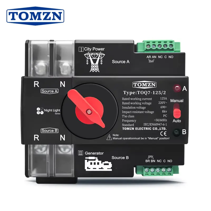 Tomzn Toq7 125A Single-Phase Automatic Transfer Switch (Ats) – Din Rail Mount, 220V Ac 1
