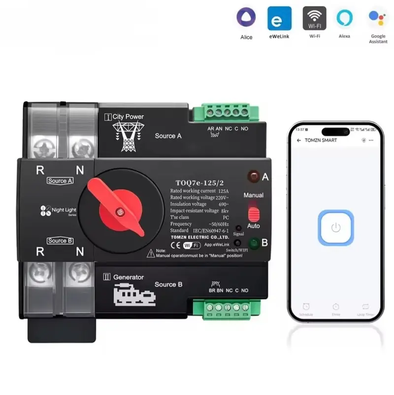 Tomzn Toq7E-125/2P 125A Automatic Transfer Switch – Dual-Power Changeover With Remote Wifi Control 1