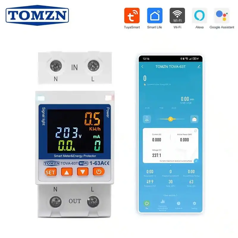 Tomzn Tova-63T Smart 63A Wi-Fi Energy Monitor – 10-In-1 Protection With Tuya/Smart Life Integration 1