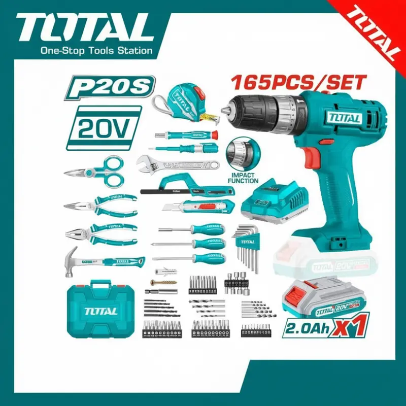 Total 165-Piece Tool Set With 20V Cordless Impact Drill, Battery, Charger & Carry Case 1