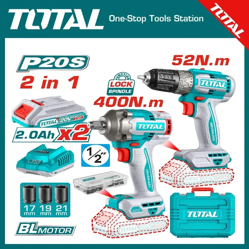 Total 20V Cordless Combo Kit (Tckli20275) — Drill Driver & Impact Wrench Set With Dual Batteries & Fast Charger 1