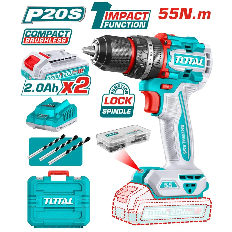 Total Tidli20558 20V Brushless Compact Impact Drill Kit – Includes 2 Batteries, Charger & Accessories 1