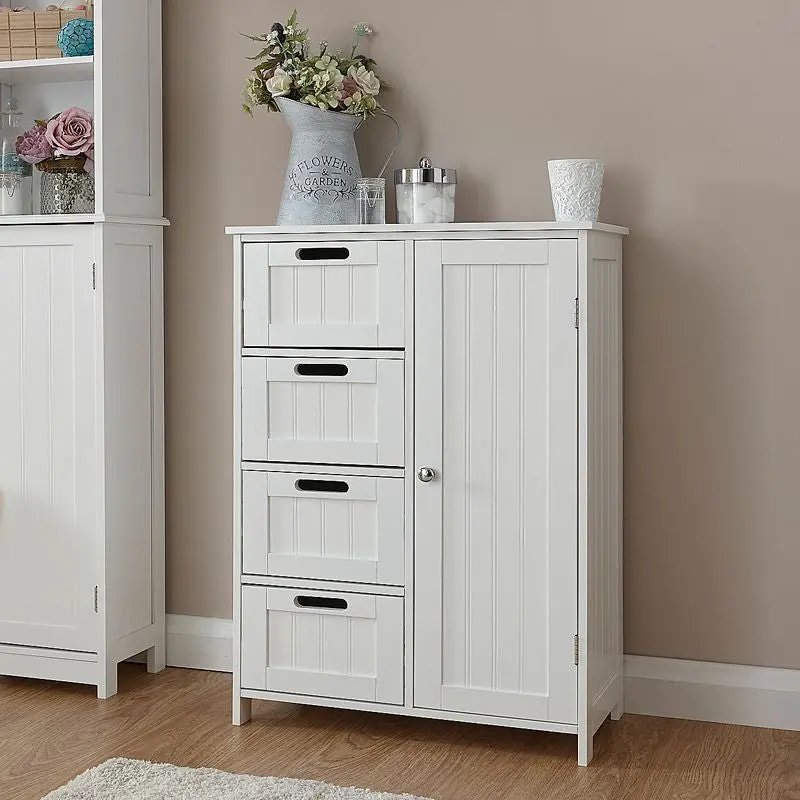 Traditional Colonial-Style Bathroom Cabinet – Single-Door White Unit With Dual Shelves And Four Drawers 1