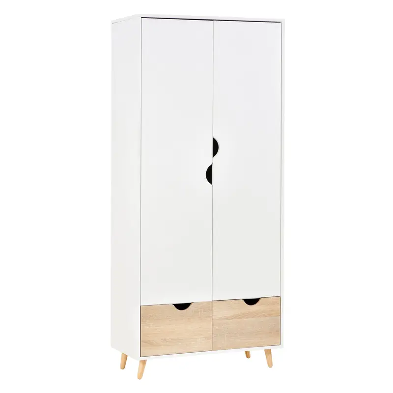 Two-Door Wooden Wardrobe With Hanging Rail, Shelves, Drawers, And Decorative Feet – White 1