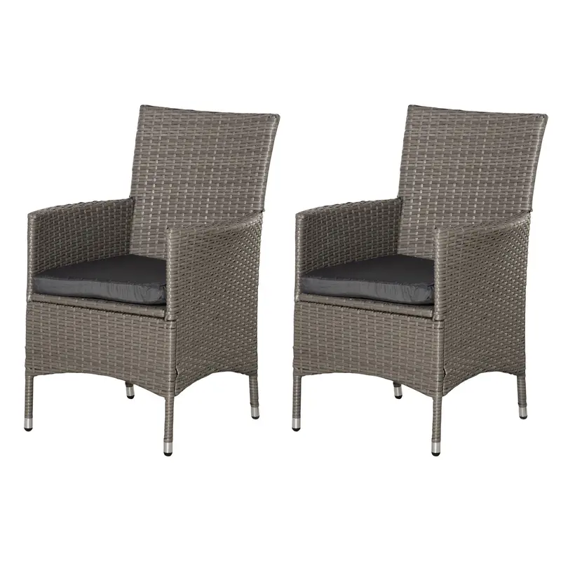 Two-Pack Grey Rattan Dining Armchairs With Textilene Seats And Cushioned Backrests 1