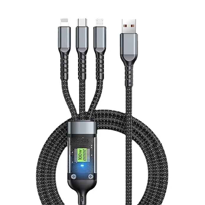 Uk-0697 3-In-1 100W Fast Charging Cable – Nylon-Braided, Zinc-Alloy Triple-Head Usb Cord 1