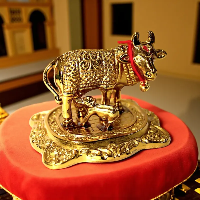 Uk-0994 Golden Kamdhenu Idol – Premium Decorative Cow & Calf Showpiece For Mandir & Office 1