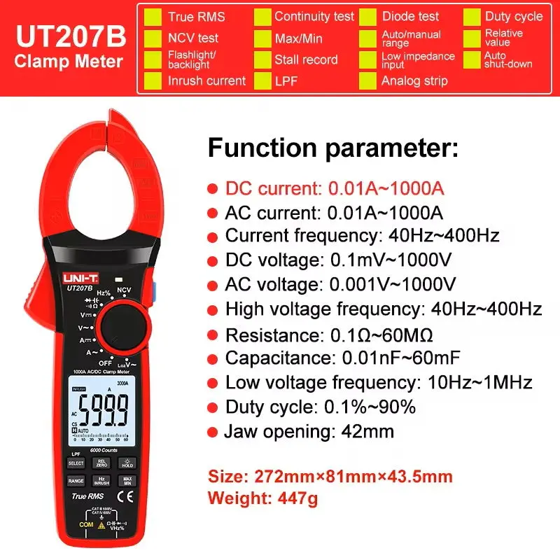 Uni-T Ut207B True Rms Clamp Meter – 1000A Ac/Dc Current, Lpf, And 6000-Count Precision Measurement 1