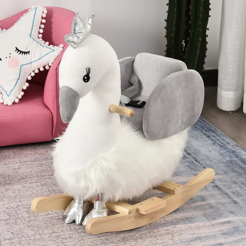 White & Grey Swan Ride-On Rocker – Soft Plush Animal Toy With Built-In Sound Effects 1