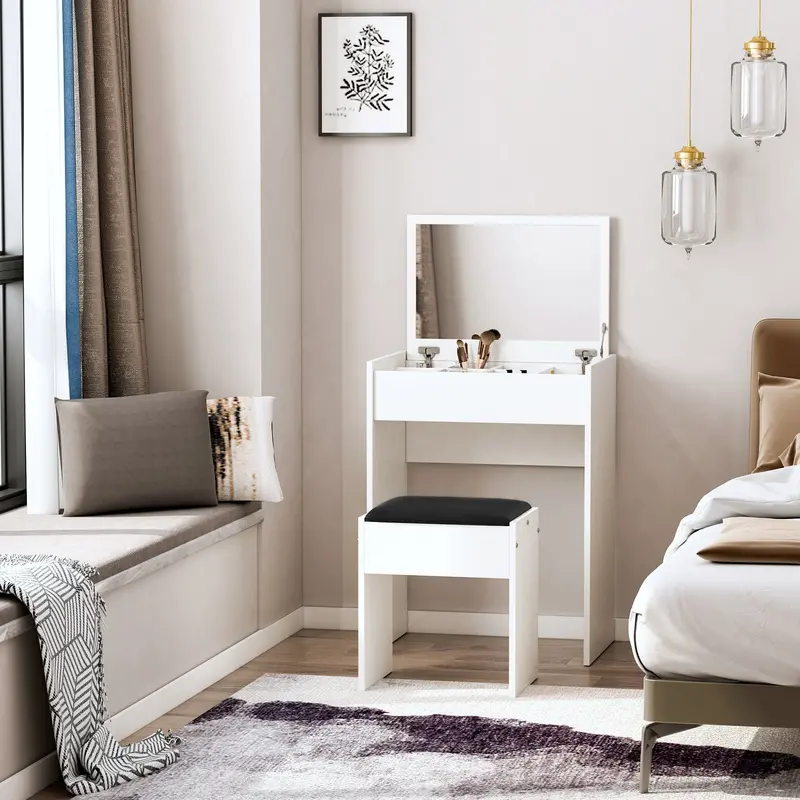 White Multi-Functional Dressing Table With Cushioned Stool And Flip-Up Mirror 1