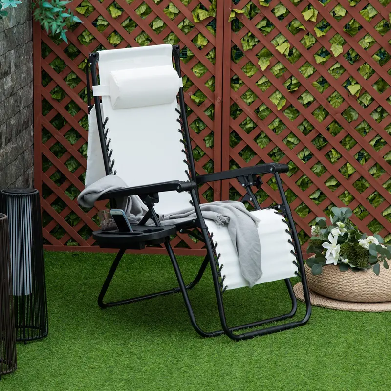 White Zero Gravity Patio Lounger – Folding Sun Chair With Canopy Shade & Cup Holder 1